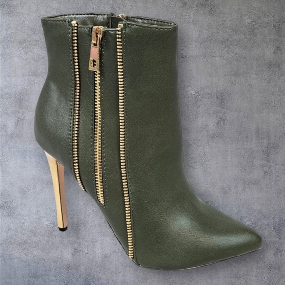 Catherine Malandrino Zippo Olive Green‎ Leather Stiletto Ankle Boots Size 7.5 - Picture 1 of 13